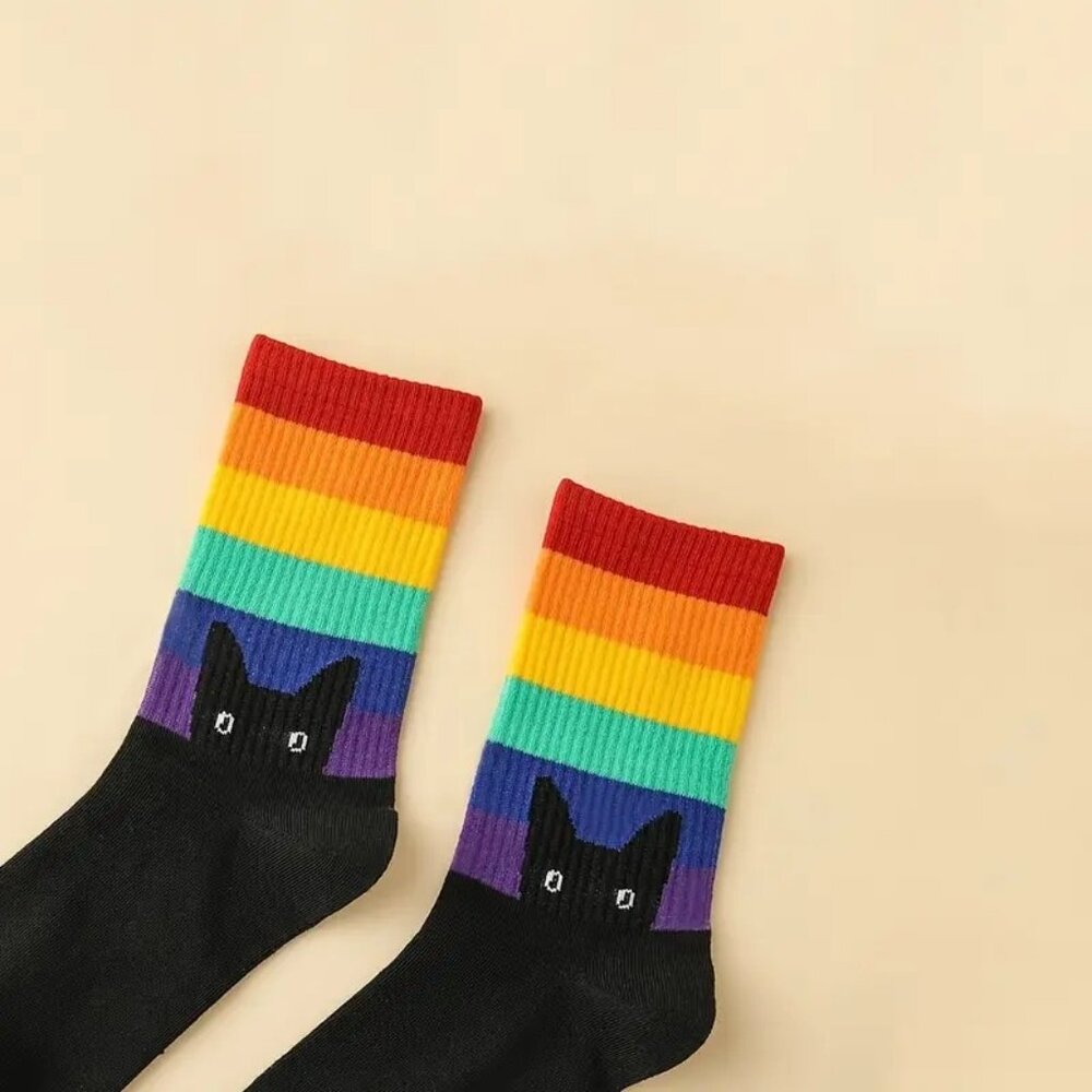 Single and Double Rainbow Kitten Ribbed Mid-Calf Socks UNISEX KWOT - Picture 3 of 3